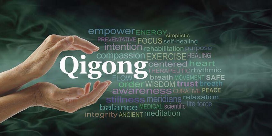 Qigong word cloud and healing hands - female cupped hands with t